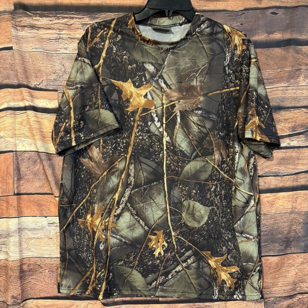 WFS Element Gear Mens L Burly Camo T-Shirt Hunting Outdoor Green Brown Outdoors
